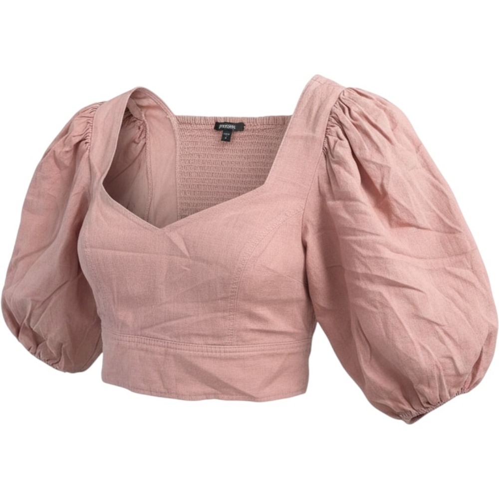 Express Pink Linen Blend Puff Sleeve Smocked Back Crop Top M